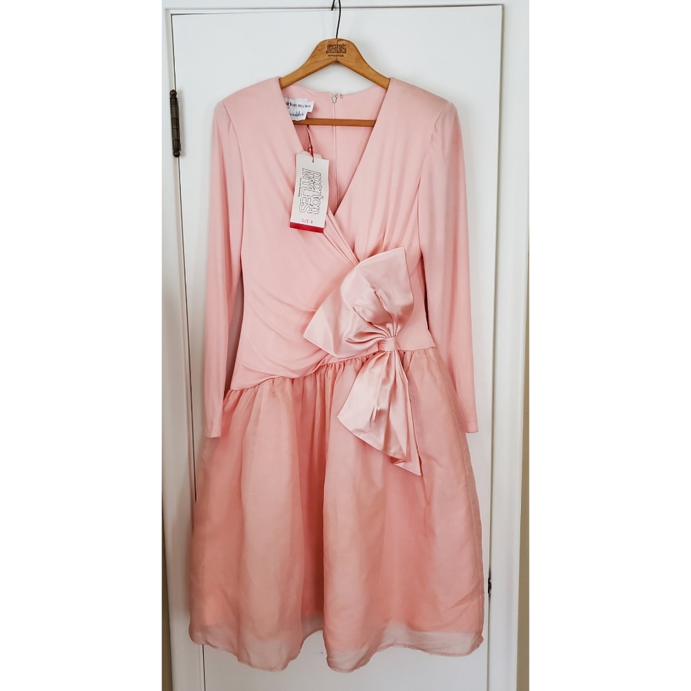 Vintage Couture Morton Myles 80s Cocktail Dress Silk Tulle Bow NWT Deadstock